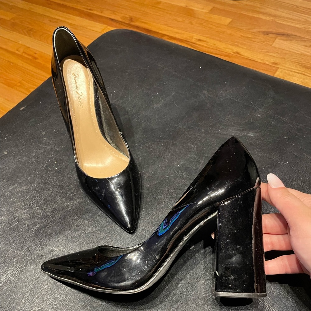 ✈️Massimo Matteo Leather Glossy Shiny Chunky Block pumps Stilettos Point Rave